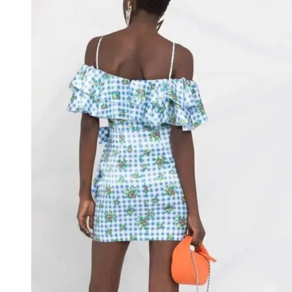 New ALESSANDRA RICH Off-Shoulder Floral Dress Medium Blue Gingham IT40/Small - Picture 5 of 16